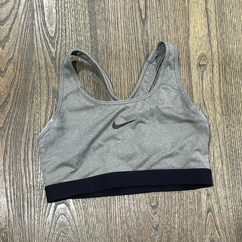 Nike Dri-Fit Womens Sports Bra Racerback Swoosh Logo Print Pullover Gray Size S